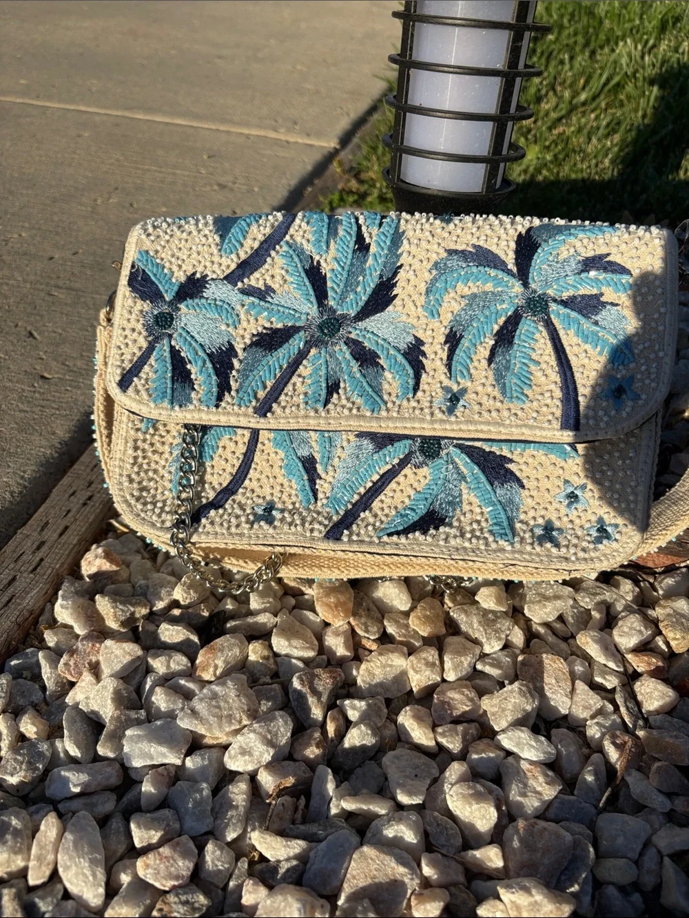 Beaded Palm Embroidered Clutch in Cream and Blue